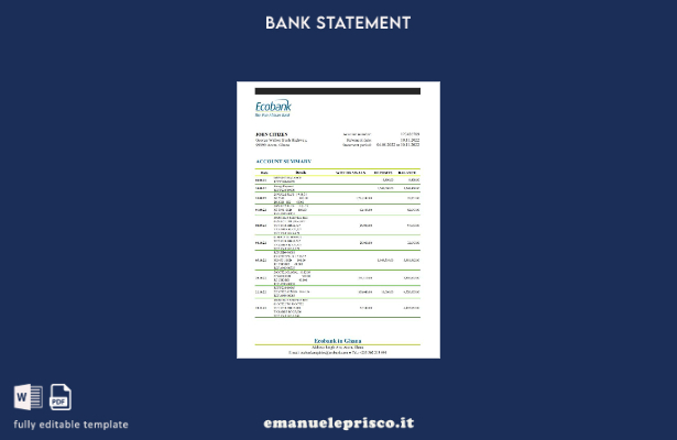 modello Excel di estratto conto bancario Ghana Ecobank in stile verificato